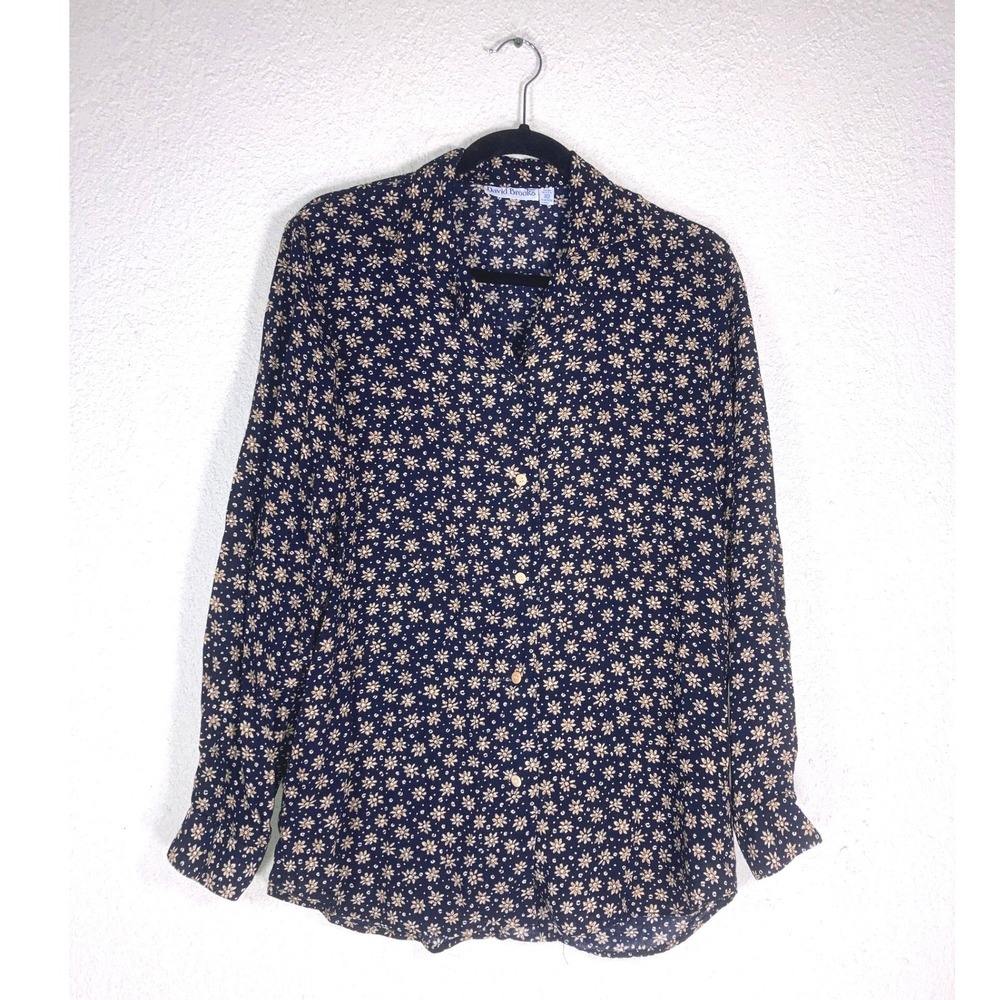 David Brooks Vintage Navy Blue Floral Daisy Button Down Blouse Top Womens 10 USA